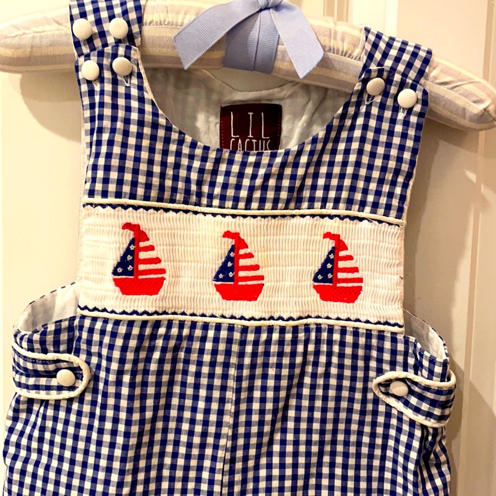 Lil Cactus Smocked Sailboats Shortall size 2T